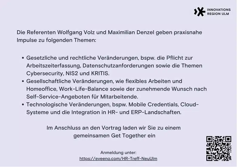 Themen und Programm des HR-Treffs der Innovationsregion Ulm mit QR-Code zur Anmeldung