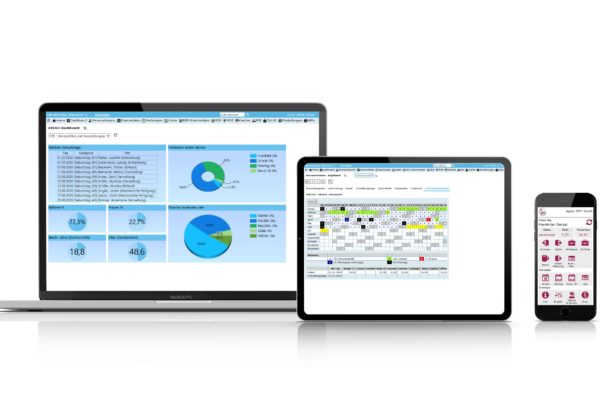 Beispiele der Software auf Laptop, Tablet und Smartphone